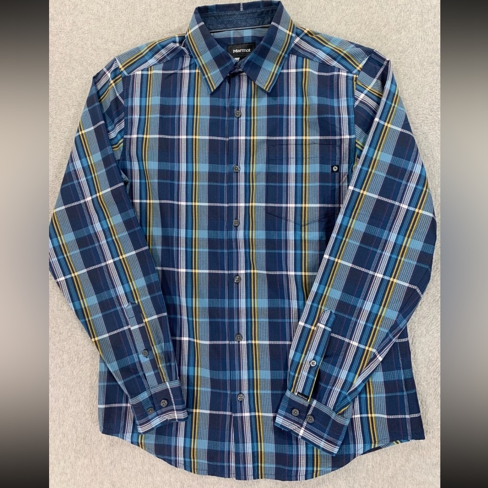 Marmot Men M Blue White Yellow Plaid Zephyr Shirt Long Sleeve Button Front.